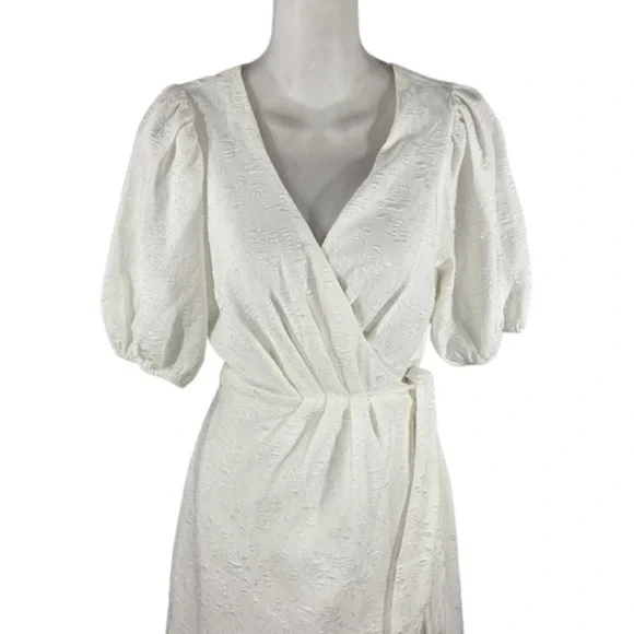 Lulu’s Still Dreaming White Jacquard Puff Sleeve Mini Wrap Dress OO16 - Picture 4 of 11